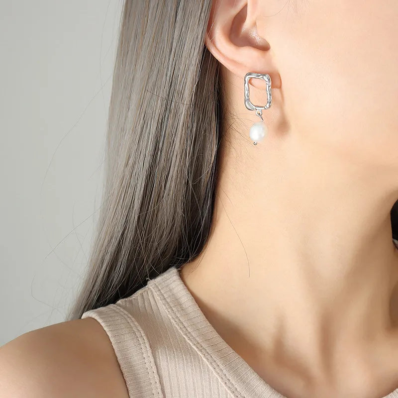 Fashion Square Plating 304 Stainless Steel Freshwater Pearl 18K Gold Plated Earrings