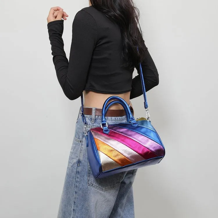 Women's Pu Leather Color Block Stripe Streetwear Square Zipper Handbag