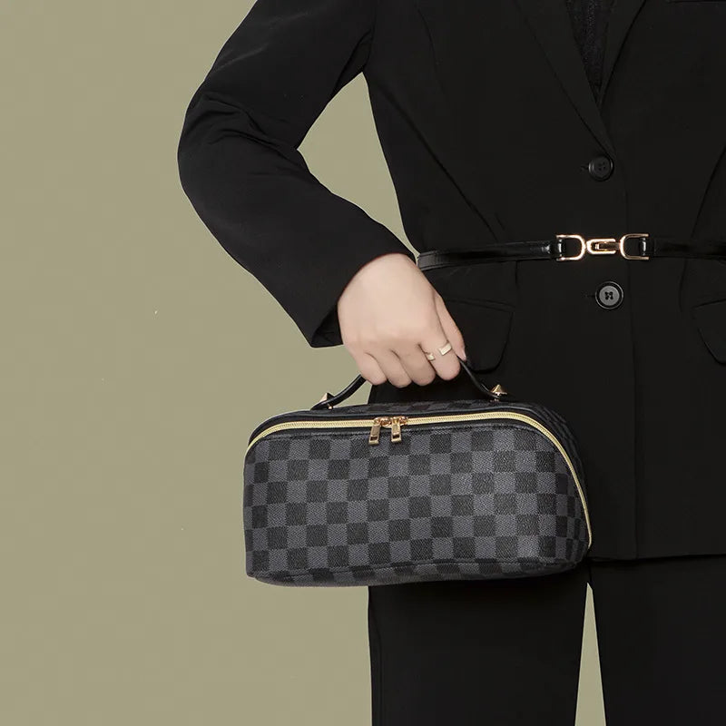 classic style plaid pu leather polyester square makeup bags