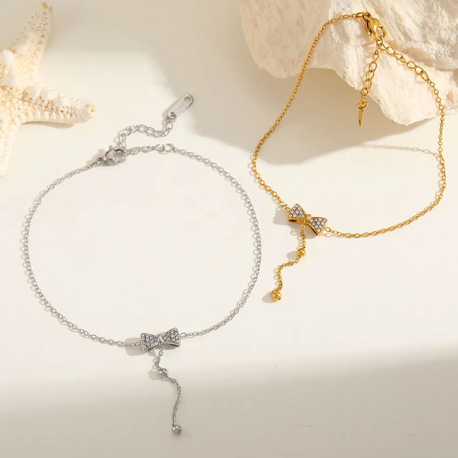 Casual Cute Lady Solid Color Bow Knot 304 Stainless Steel 18K Gold Plated Zircon cable chain Bracelets In Bulk