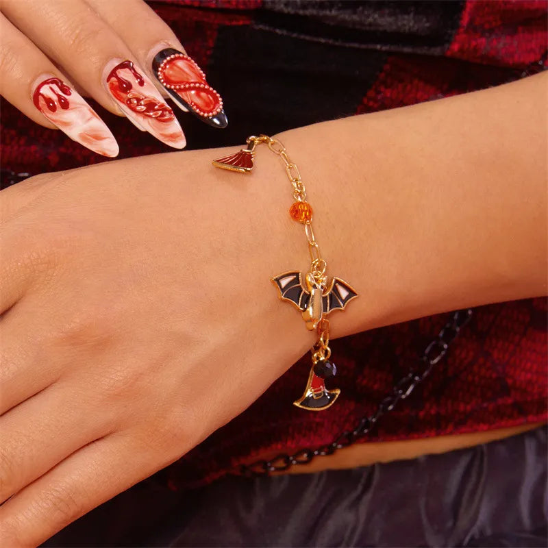 Halloween Elements Pumpkin Devil Paper Card Metal Bracelet Dark Style Cartoon Design Alloy Material Women's Fashion Jewelry