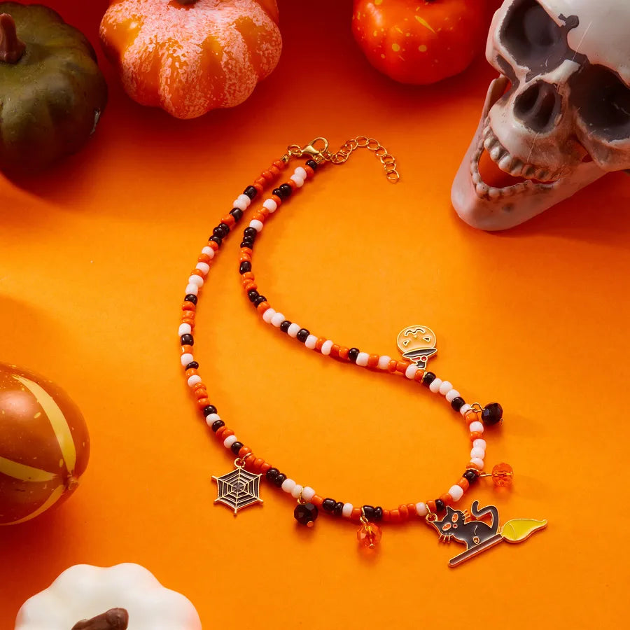 Handmade Halloween Necklace Ghost Spider Pendant Color Matched Pumpkin Design Luxury Style Women's Jewelry Accessory