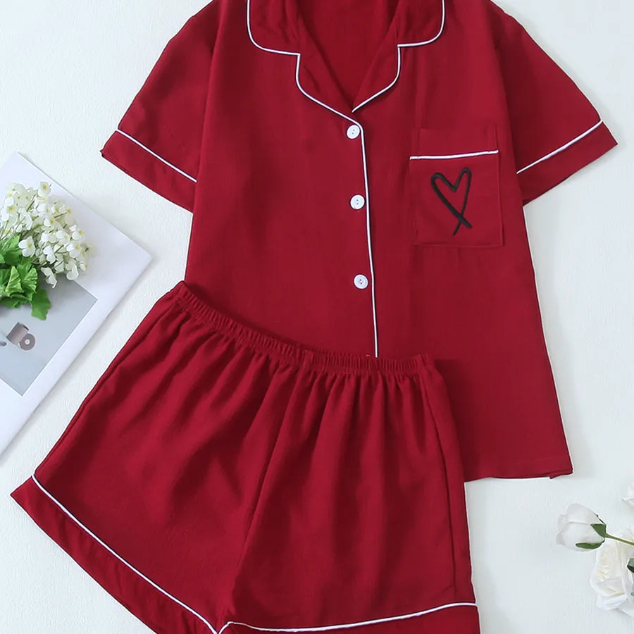 Home Women's Vacation Simple Style Heart Shape Polyester Shorts Sets Pajama Sets