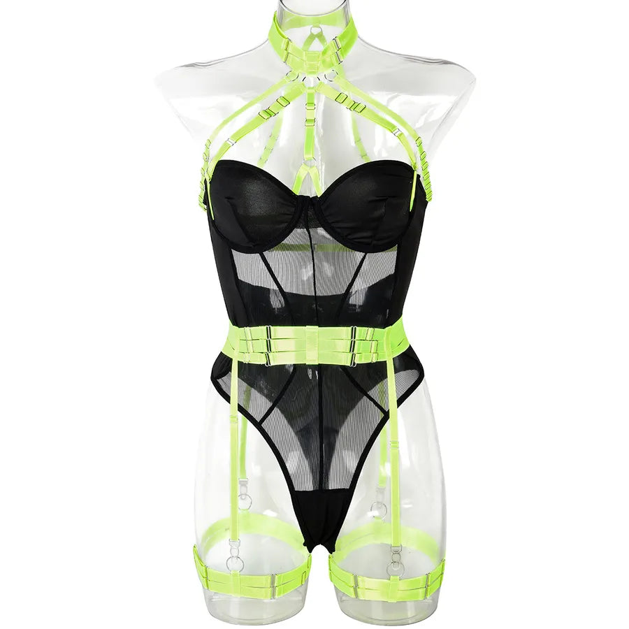european station cross-border new sexy jumpsuit ins mesh strap stitching complex heavy craft neck sling leg ring