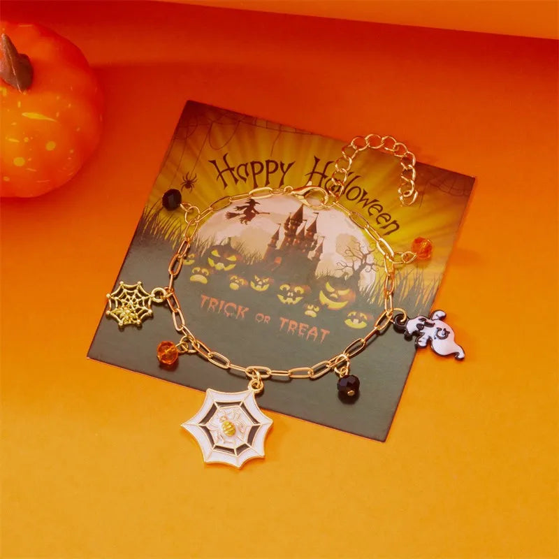 Halloween Elements Pumpkin Devil Paper Card Metal Bracelet Dark Style Cartoon Design Alloy Material Women's Fashion Jewelry