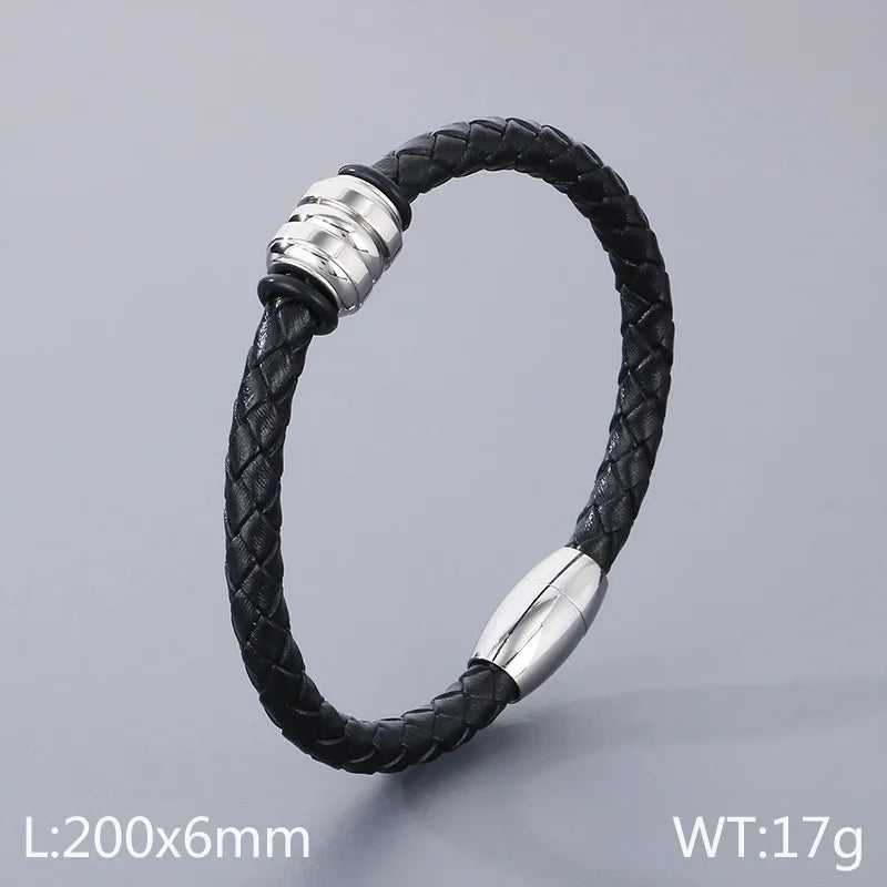 simple style geometric leather titanium steel men's bangle