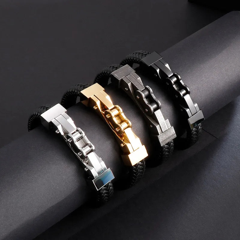 Hip-Hop Retro Color Block Pu Leather Titanium Steel Plating 18K Gold Plated Men's Bracelets