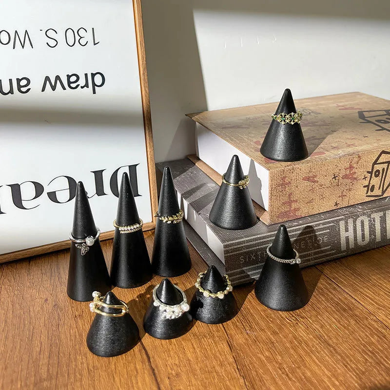 Black Solid Wood Ring Display Stand Cone Base Ring Holder Jewelry Storage Photography Props Geometric Pattern Premium Feeling Spray Paint
