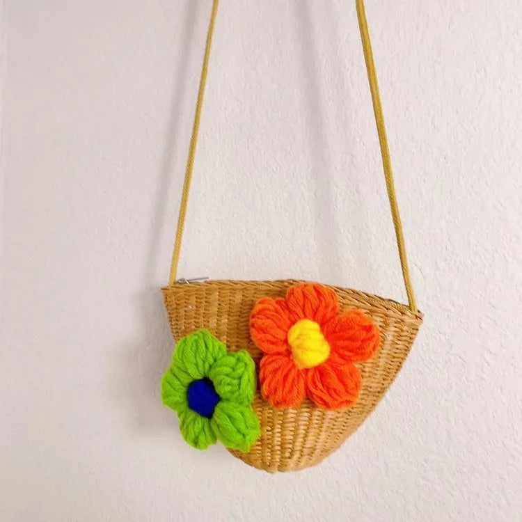 Kid'S Straw Color Block Flower Cute Bucket Zipper Shoulder Bag