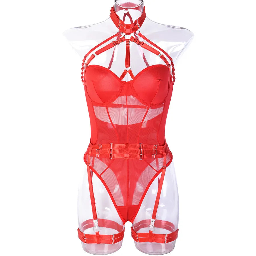 european station cross-border new sexy jumpsuit ins mesh strap stitching complex heavy craft neck sling leg ring