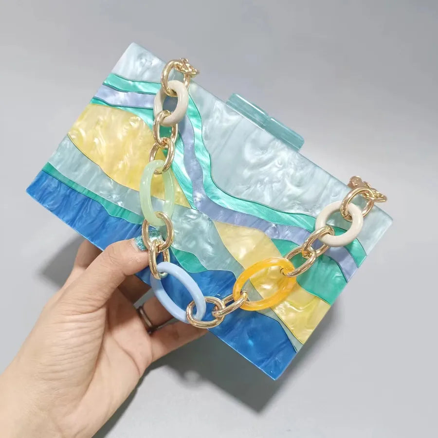 Green Pink Sky Blue Arylic Color Block Square Evening Bags