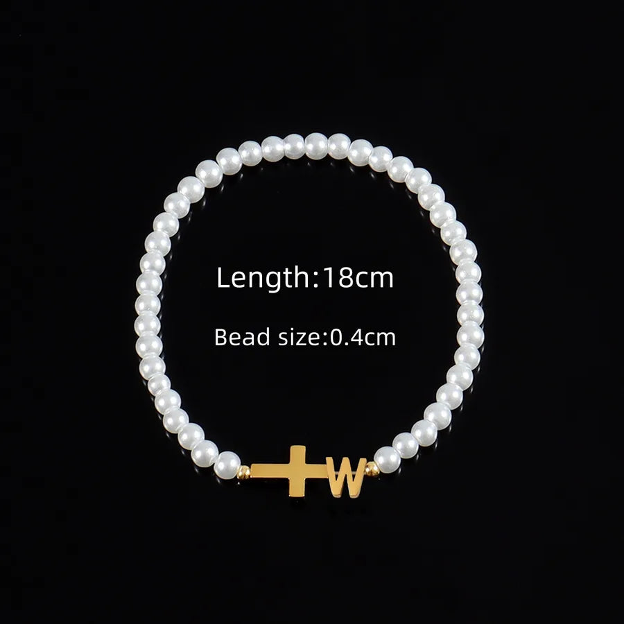 Classic Style Cross Letter 304 Stainless Steel Artificial Pearl Beaded Chain Beaded Bracelets Wholesale