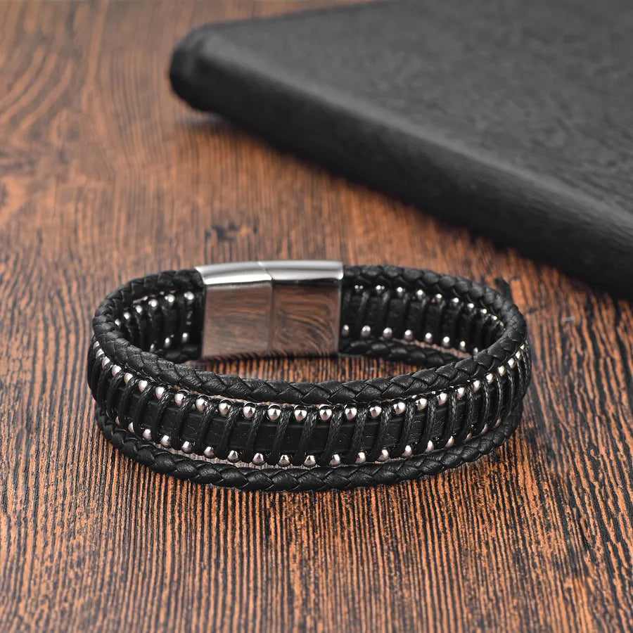 Hip-Hop Geometric Solid Color 316 Stainless Steel  Leather Wholesale Bracelets