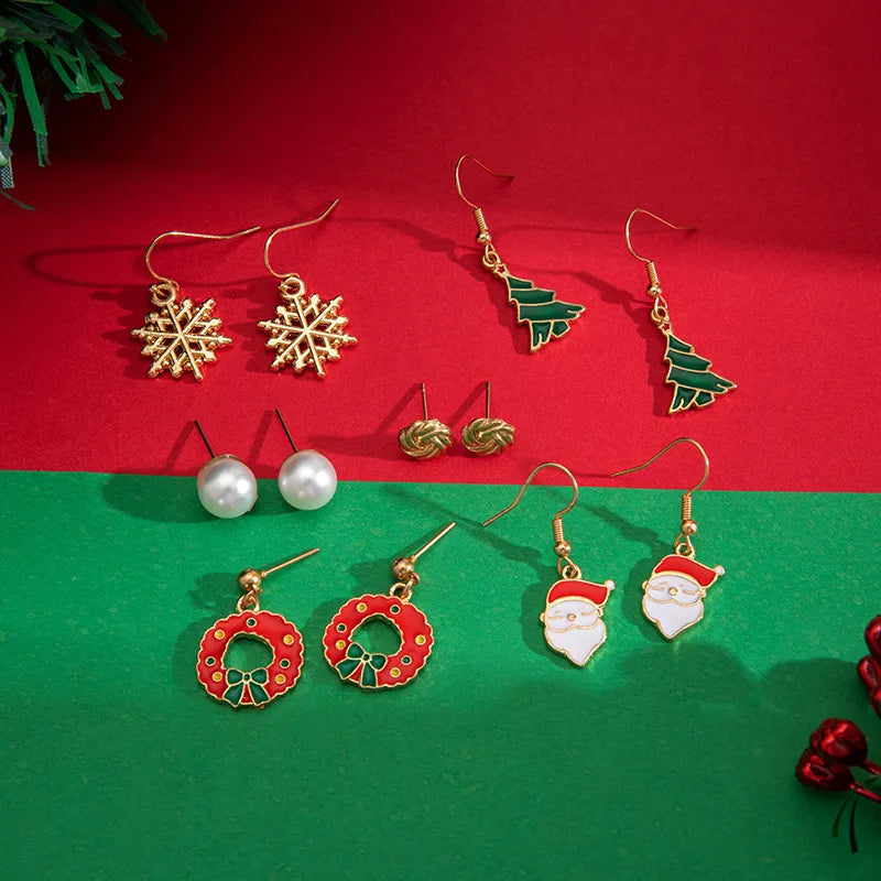 Christmas Themed Earring Set Alloy Snowflake Bow Tie Santa Claus Design Drip Oil Christmas Tree Stud Earrings For Women