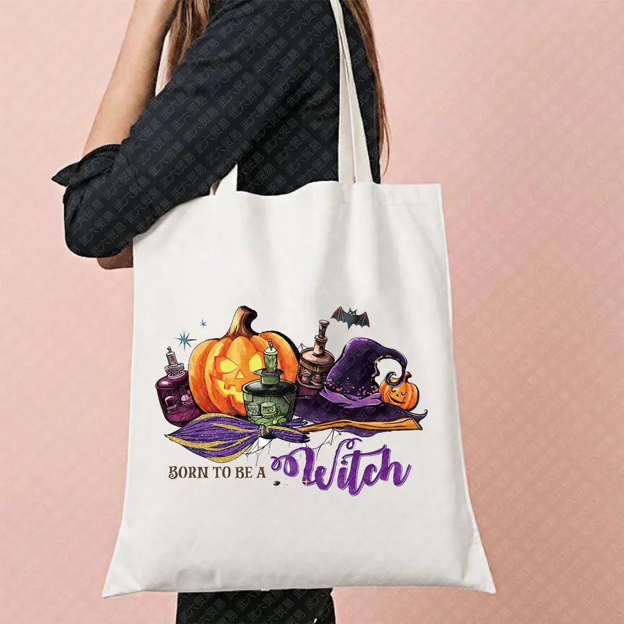 Ghost Pattern Halloween Outdoor Shopping Bag Cute Ghost Design Canvas Tote Bag For Ladies Retro Fashion Printed Large Size