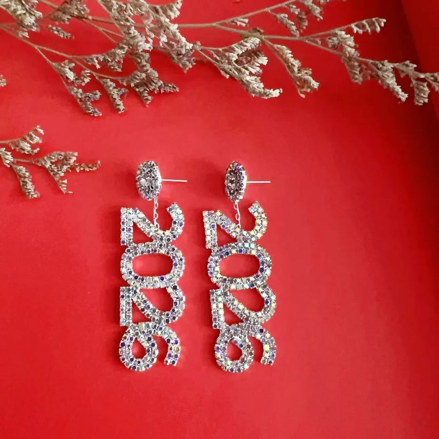 New Year 2026 Number Rhinestone Earrings Women's Christmas Gift Personalized Diamond Drop Earrings Fashion Jewelry Accessories