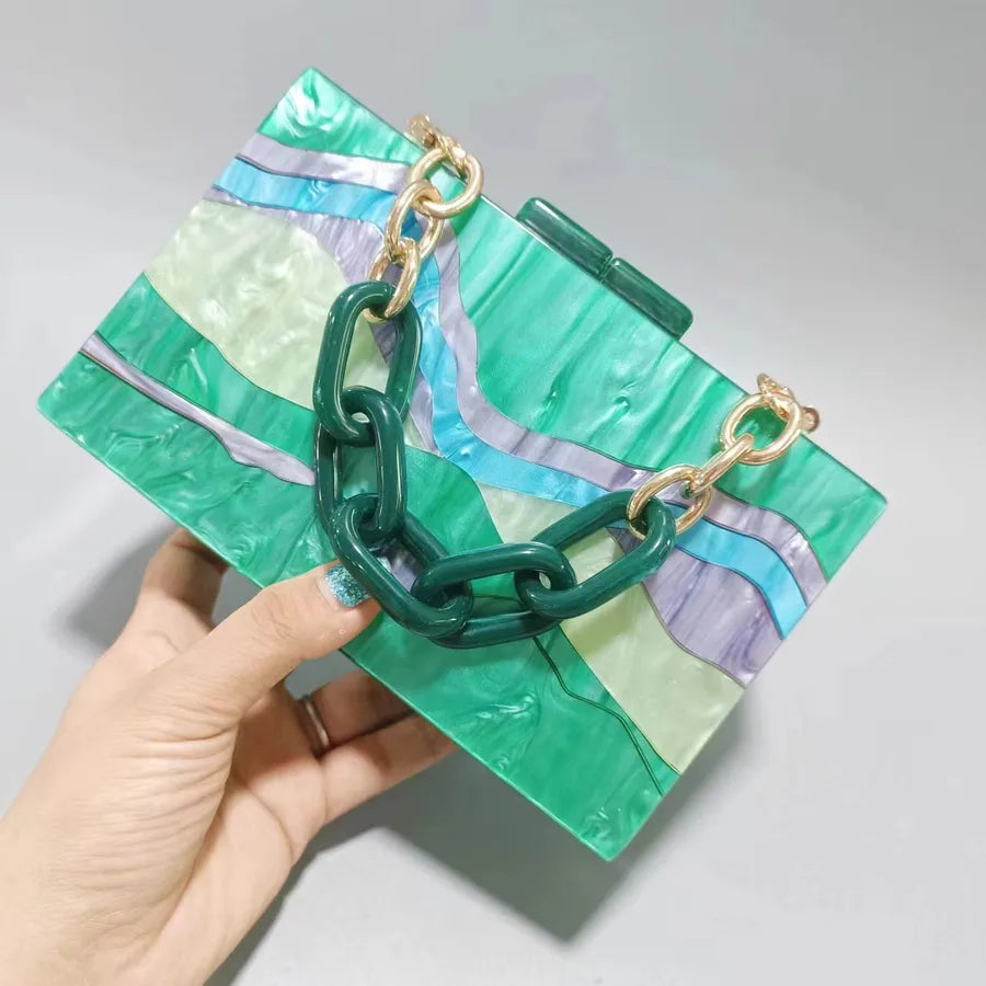 Green Pink Sky Blue Arylic Color Block Square Evening Bags