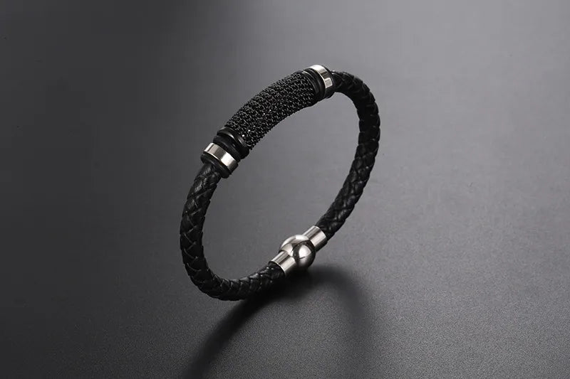 Simple Style Solid Color 304 Stainless Steel Pu Leather Men'S Bracelets