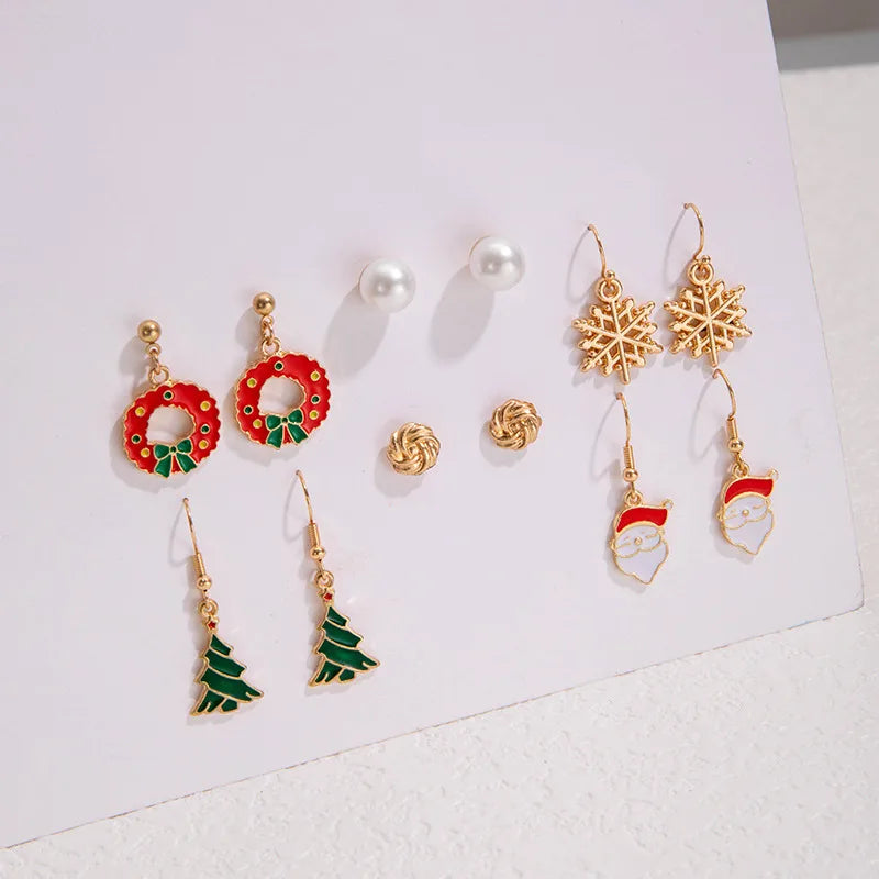 Christmas Themed Earring Set Alloy Snowflake Bow Tie Santa Claus Design Drip Oil Christmas Tree Stud Earrings For Women