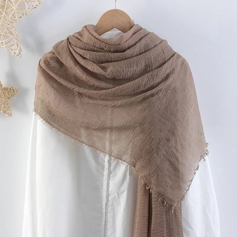 Hot selling solid color pleated cotton and linen scarf  women's bag headscarf crumpled hair fringe bubble scarf women's scarf cover head