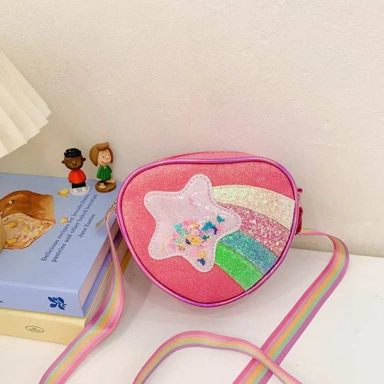 Girl'S Pu Leather Gretley Material Rainbow Star Cute Heart-shaped Zipper Shoulder Bag