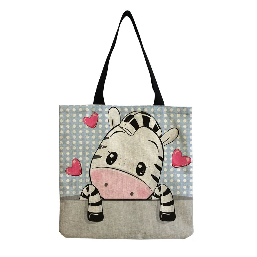 Women's Cute Animal Cartoon Linen Shopping bags