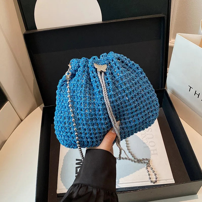 Special-Interest Design Hollow Knit Woven Women's Cross-Body Bag, Fashion Crocheted Bucket Bag, Versatile Chain Small Bag