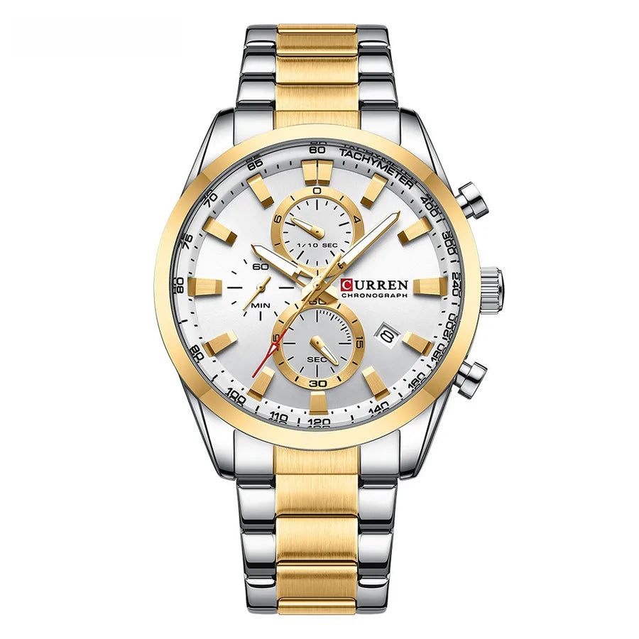 CURREN Carian 8445 men's steel belt business six-pin chronograph quartz watch calendar small three-pin watch