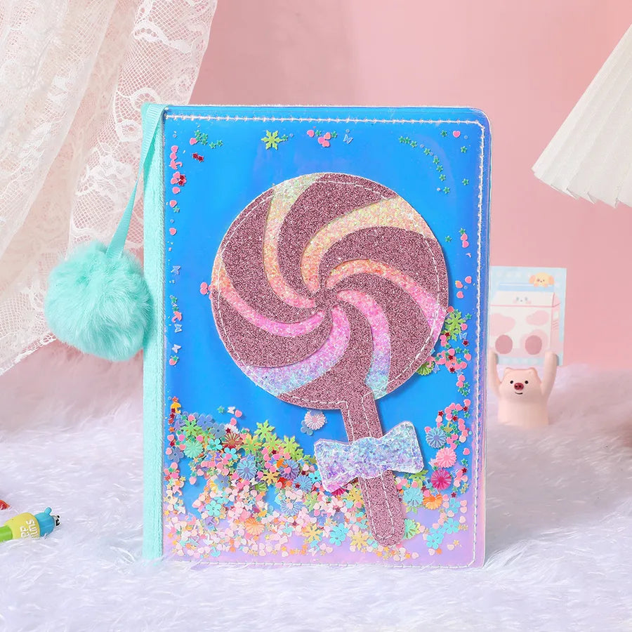Adorable Glitter  Notebook Cute Cartoon Student Planner Journal Ice Cream  Blue  Wooden Pulp Furry Material