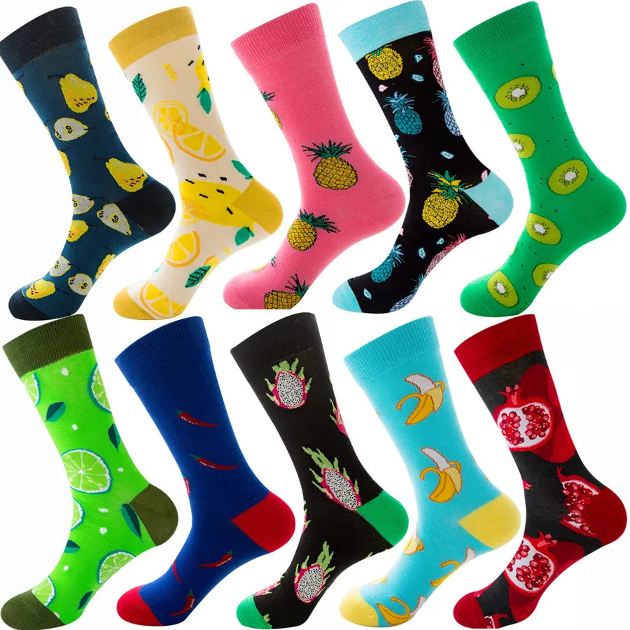 Men's Modern Style Classic Style Color Block Stripe Fruit Cotton Crew Socks A Set of 10 Pairs
