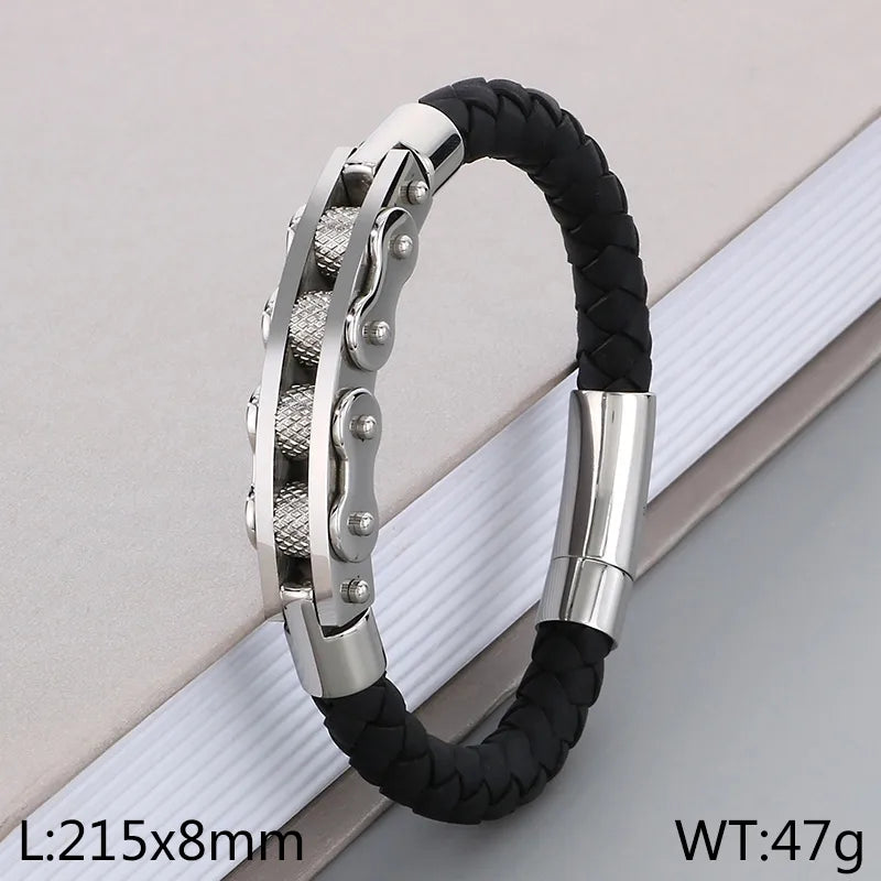 Business Formal Geometric 304 Stainless Steel Leather 18K Gold Plated Men's Bangle