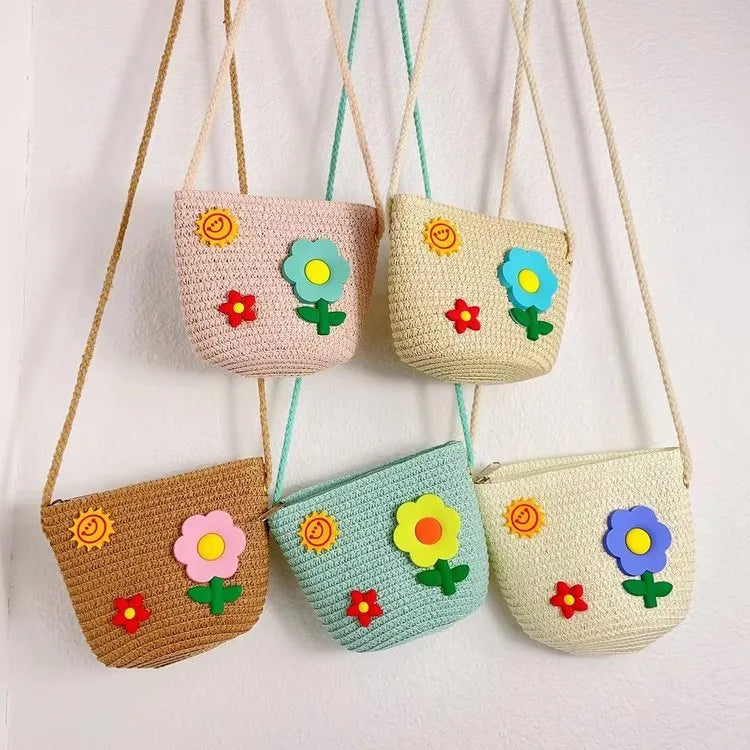 Kid'S Straw Flower Cute Square Zipper Shoulder Bag