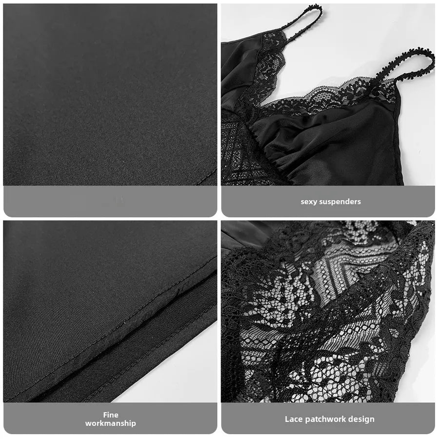Sexy Black Lace Women's Nightdress Summer Thin Ice Silk Sling V-neck Skirt Home Wear Breathable Casual Pajamas