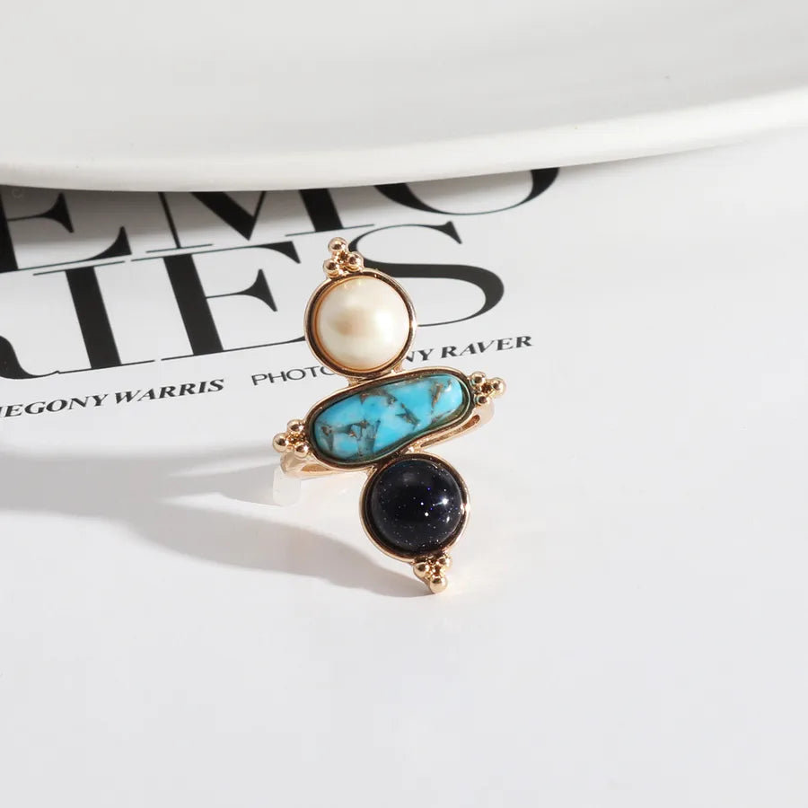 vintage style geometric alloy inlay natural stone rings