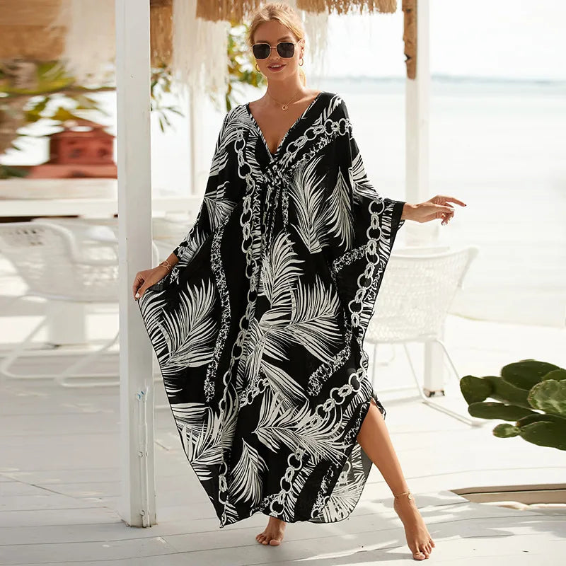 women's beach color block printing cover ups
