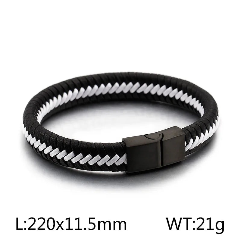hip-hop retro color block pu leather titanium steel braid men's bangle