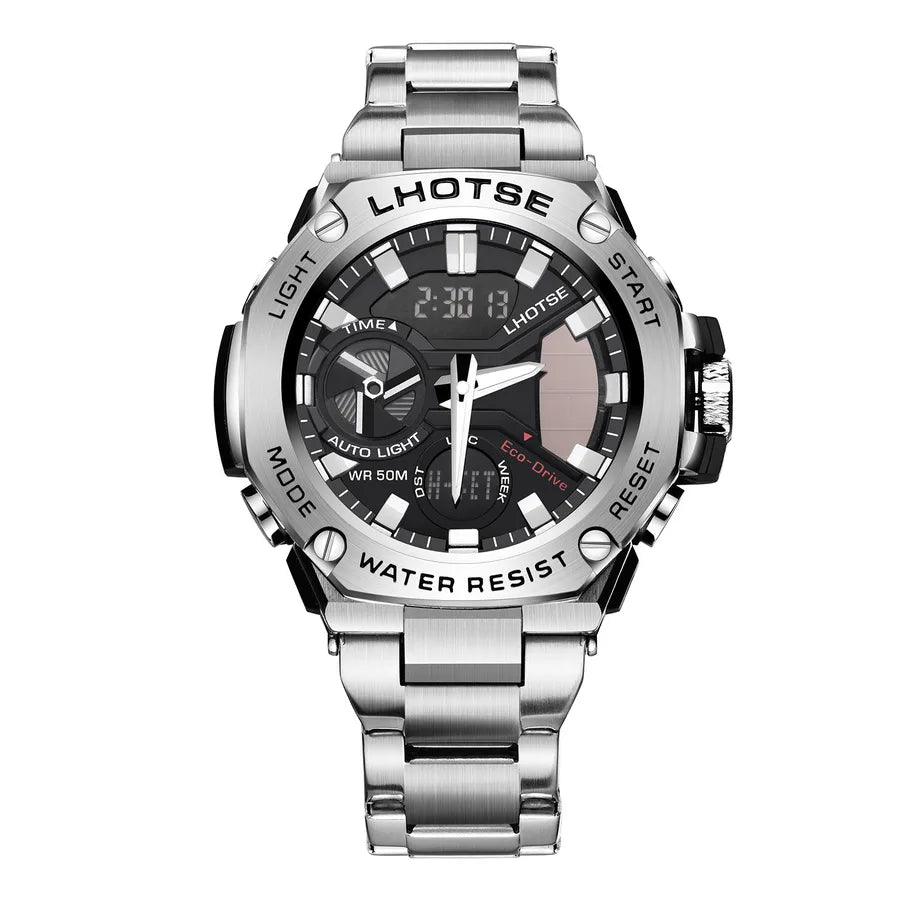 Light kinetic energy Steel & Heart Trend sports waterproof steel belt men's Quartz Electronic double display watch wholesale