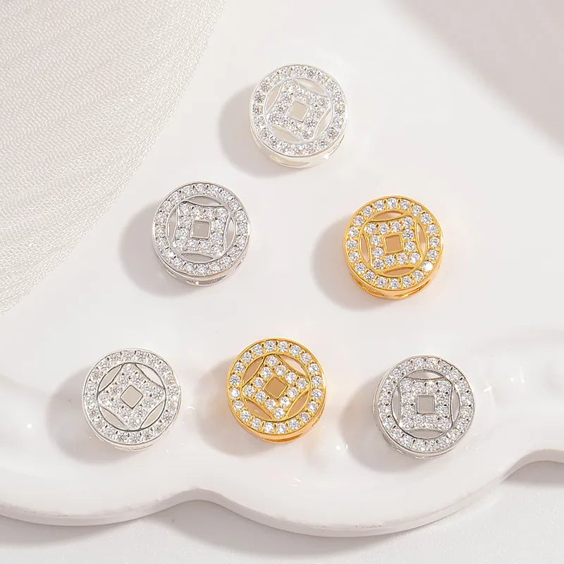 1 Piece 8.8*8.8mm Hole 6~9.9mm 925 Sterling Silver Zircon 22K Gold Plated Rhodium Plated Round Jewelry Accessories