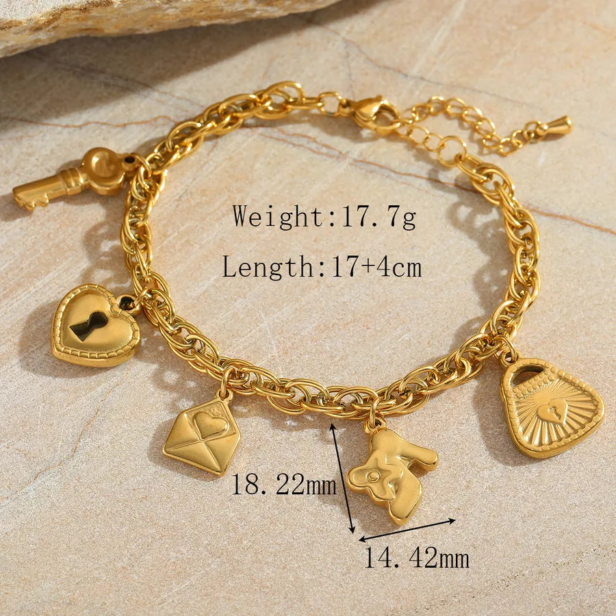 Casual Elegant Cute Geometric Heart Shape 304 Stainless Steel 18K Gold Plated Zircon cable chain Multi Charms Bracelet In Bulk