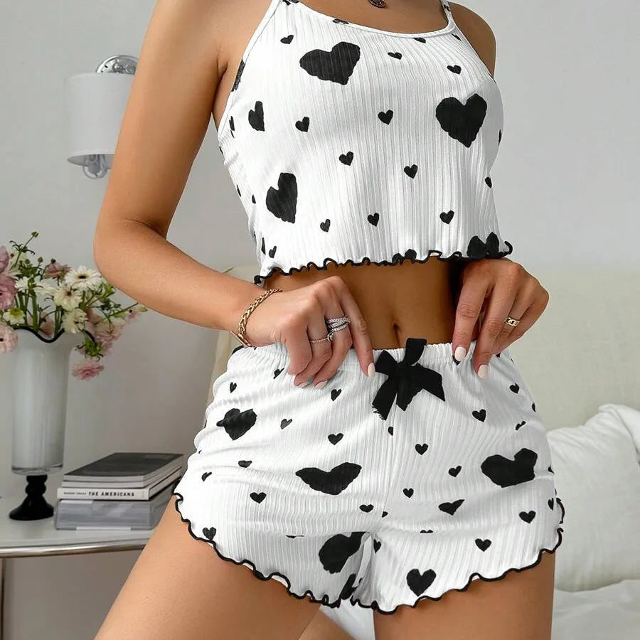 Home Daily Women's Sweet Heart Shape Spandex Polyester Shorts Sets Pajama Sets