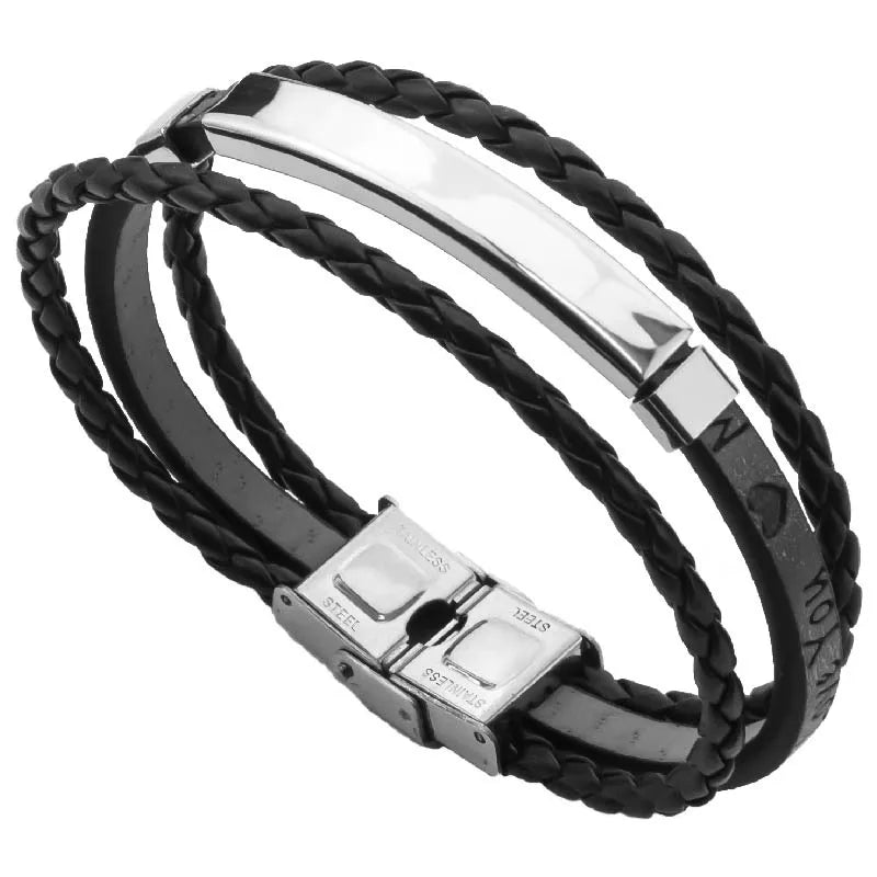 Retro Classic Style Customization Laser Engraving Pu Leather Titanium Steel Polishing Men's Bracelets Men Cord & Leather Bracelets