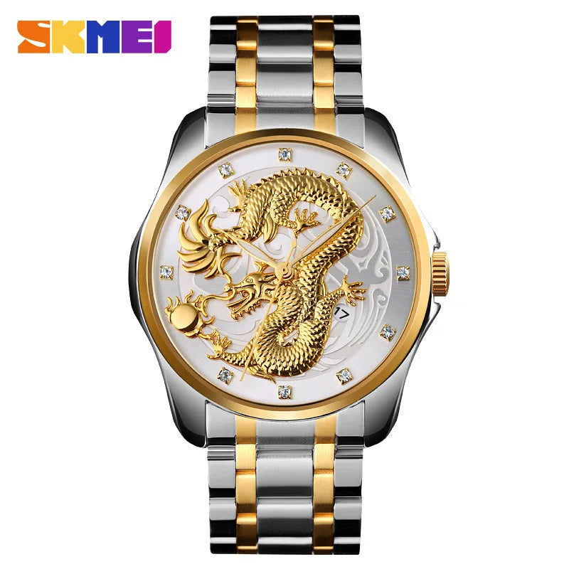 SKMEI fashion Chinese style dragon totem relief stainless steel strap men's business calendar watch men
