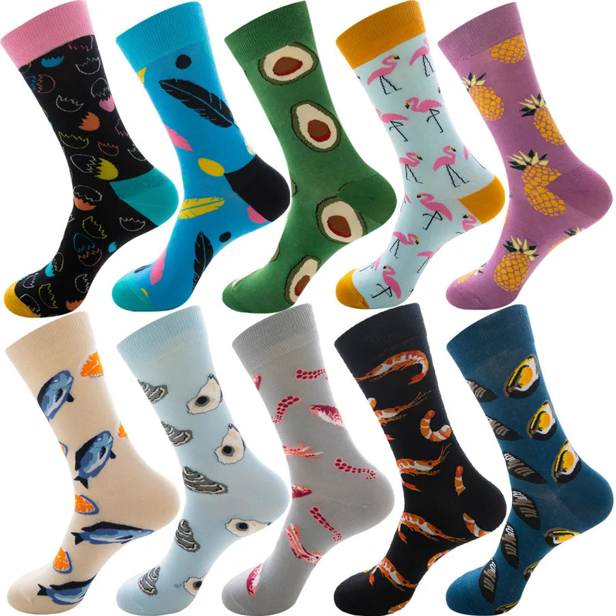 Men's Modern Style Classic Style Color Block Stripe Fruit Cotton Crew Socks A Set of 10 Pairs