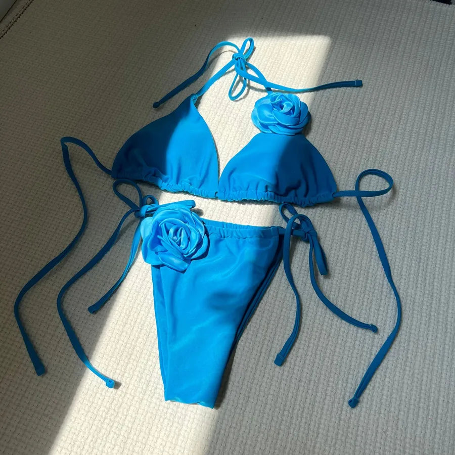 Women's Solid Color Flower 2 Pieces Set Bikinis Swimwear