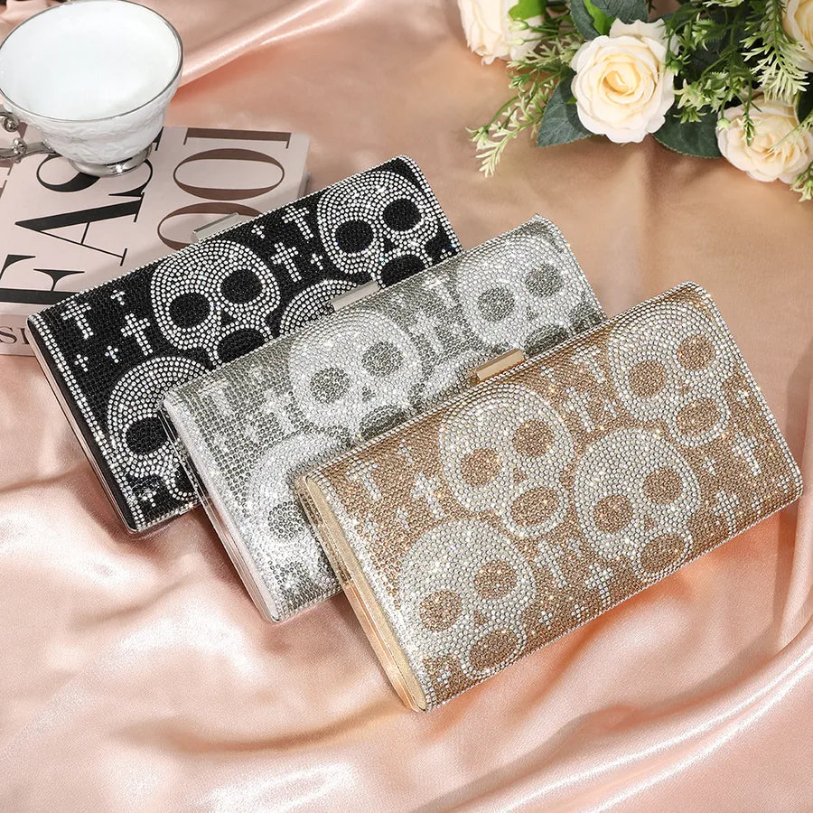 Elegant Diamond Embedded Handheld Evening Bag For Halloween Party Skeleton Evening Dress Bag Creative Fashionable Square Bag
