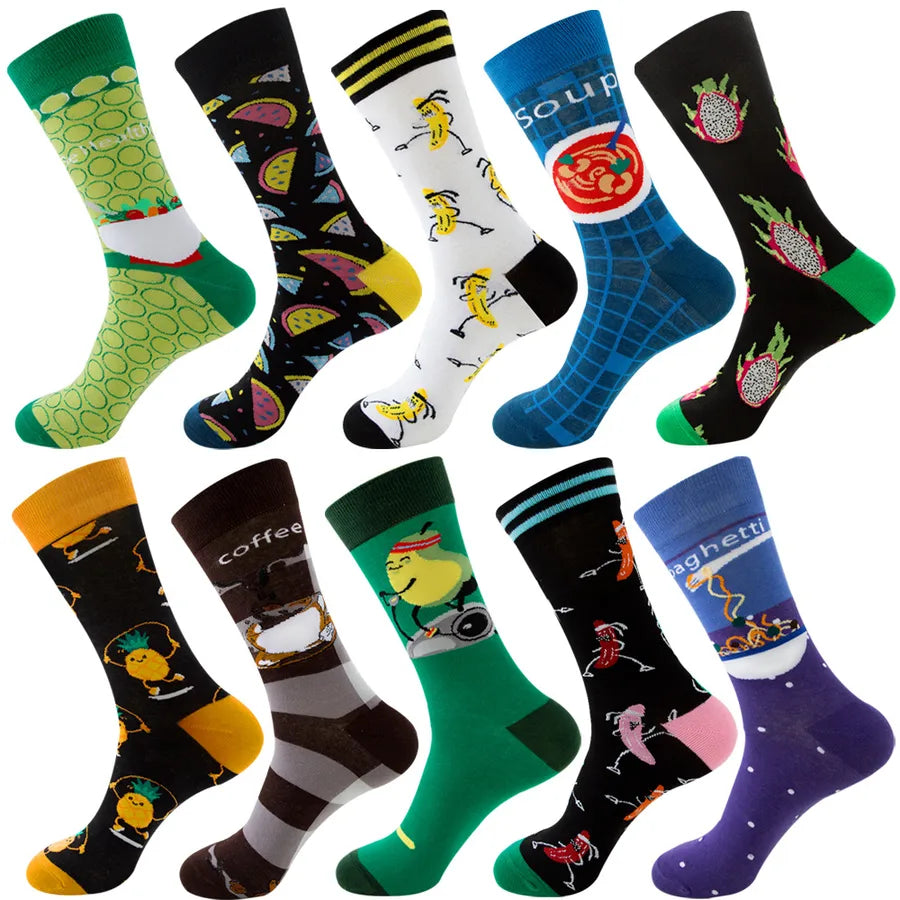 Men's Modern Style Classic Style Color Block Stripe Fruit Cotton Crew Socks A Set of 10 Pairs