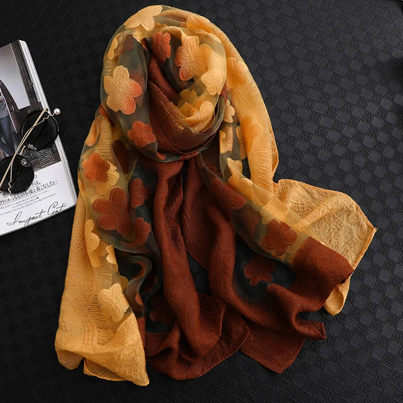 Women's Elegant Flower Polyester Silk Scarf