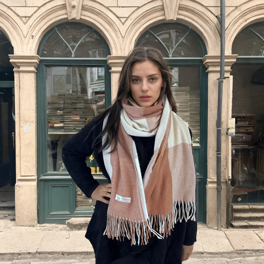 women's casual simple style color block imitation cashmere tassel scarf