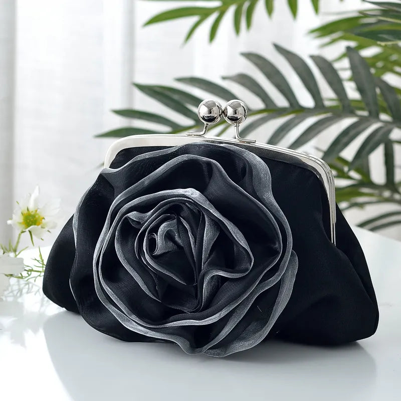 New Fresh Rose Flower Banquet Bag Satchel Crossbody Qipao Bag New Year Handbag Square Silk Surface Chain Bag Sweet Style
