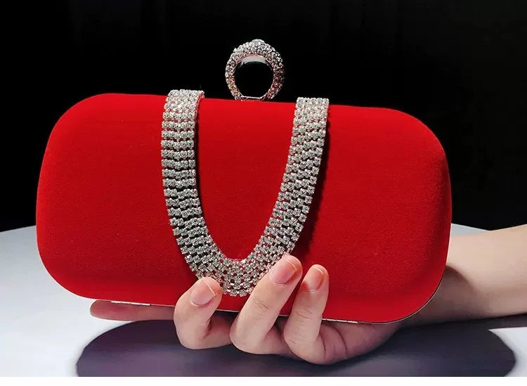 red khaki dark blue velvet solid color rhinestone pillow shape clutch evening bag